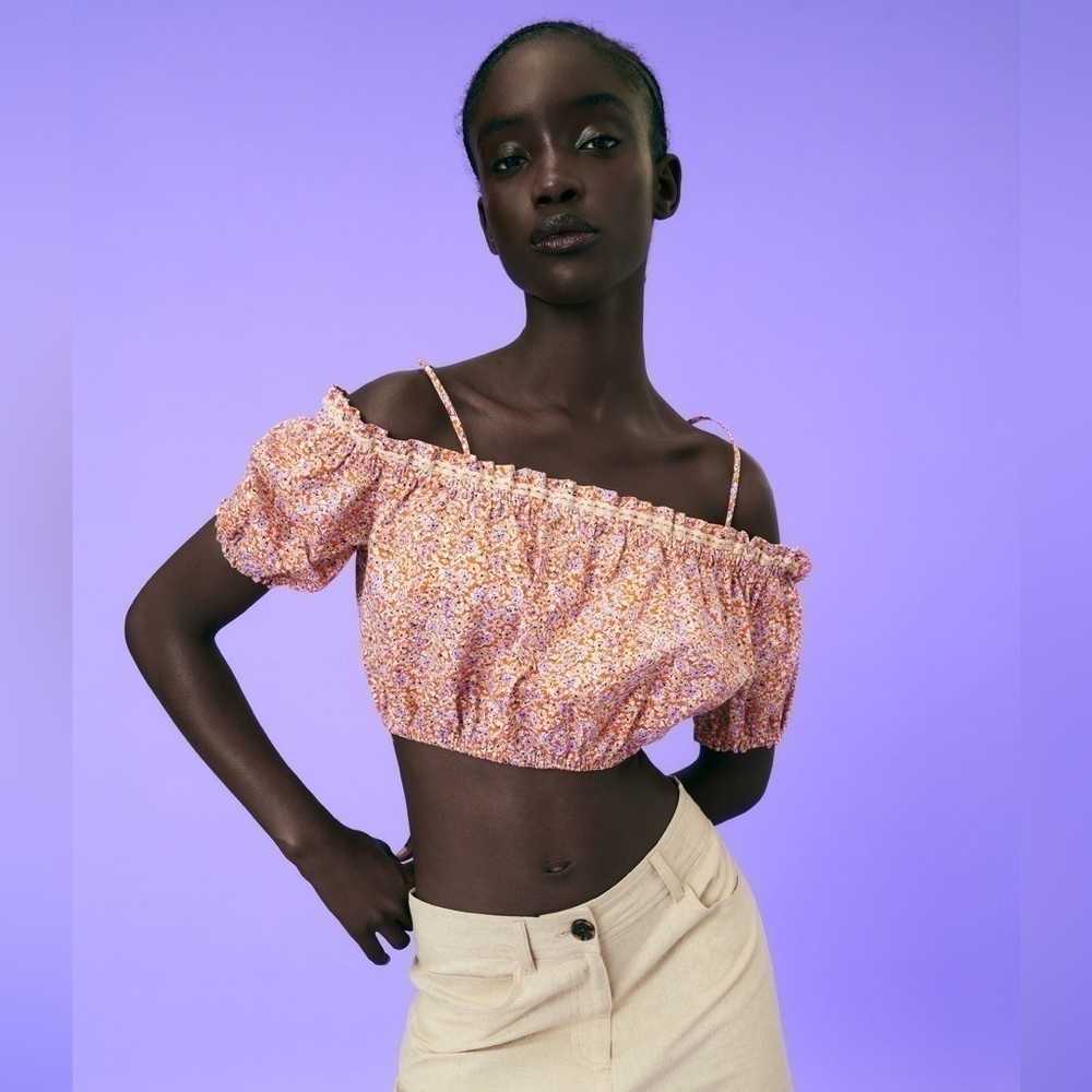 Zara Floral Lace Trim Printed Puff Sleeve Crop Cotton Blouse Top - Large